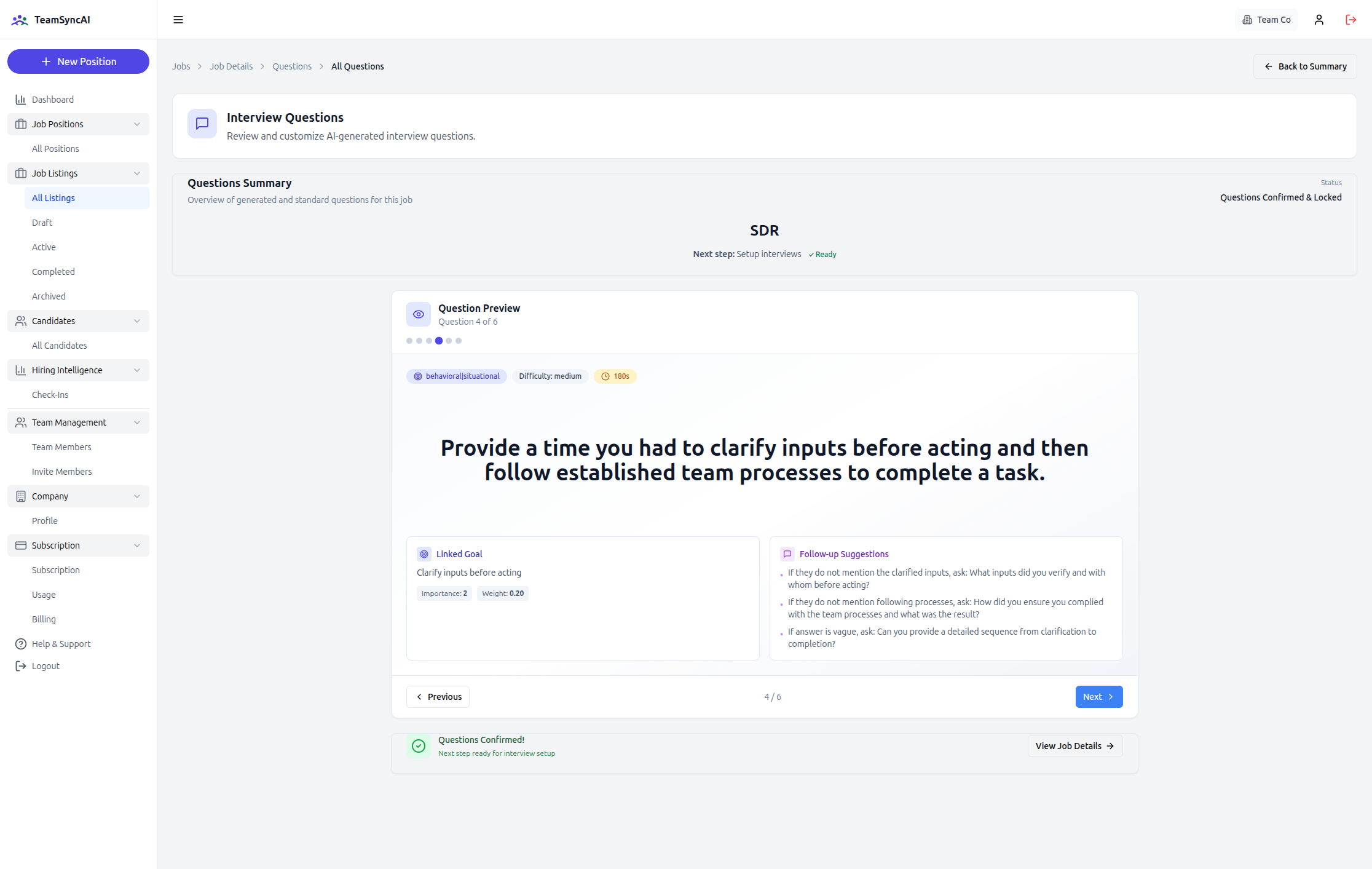 Example interview questions generated by TeamSyncAI — showing main question, linked evaluation goal, and follow-up probes
