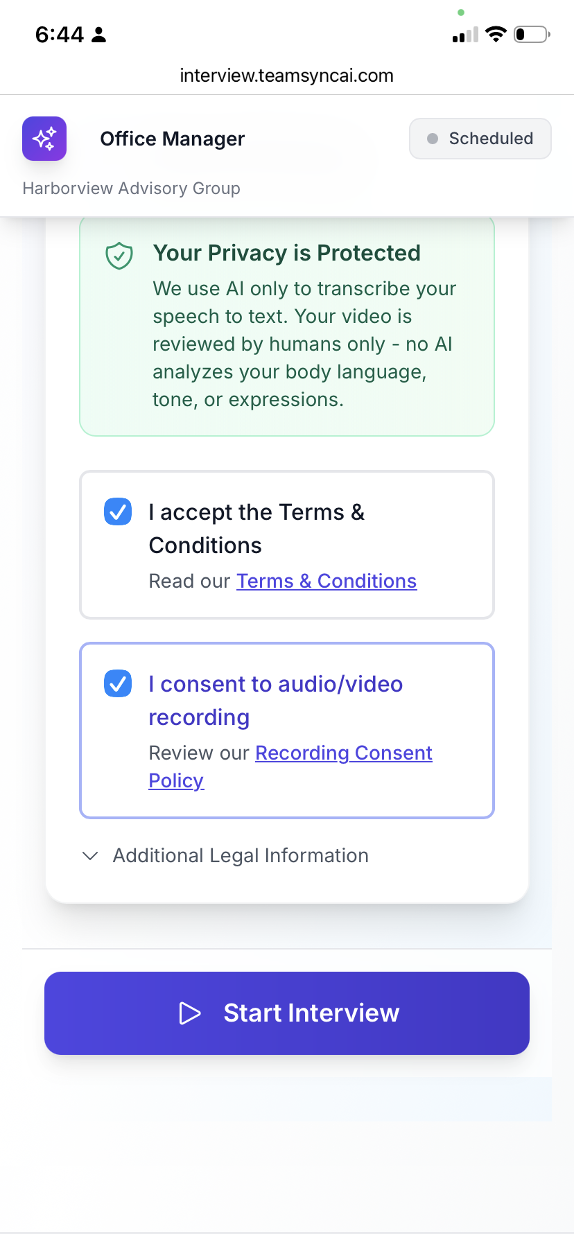 TeamSyncAI privacy protection statement shown to candidates — AI used only for transcription, no body language or tone analysis