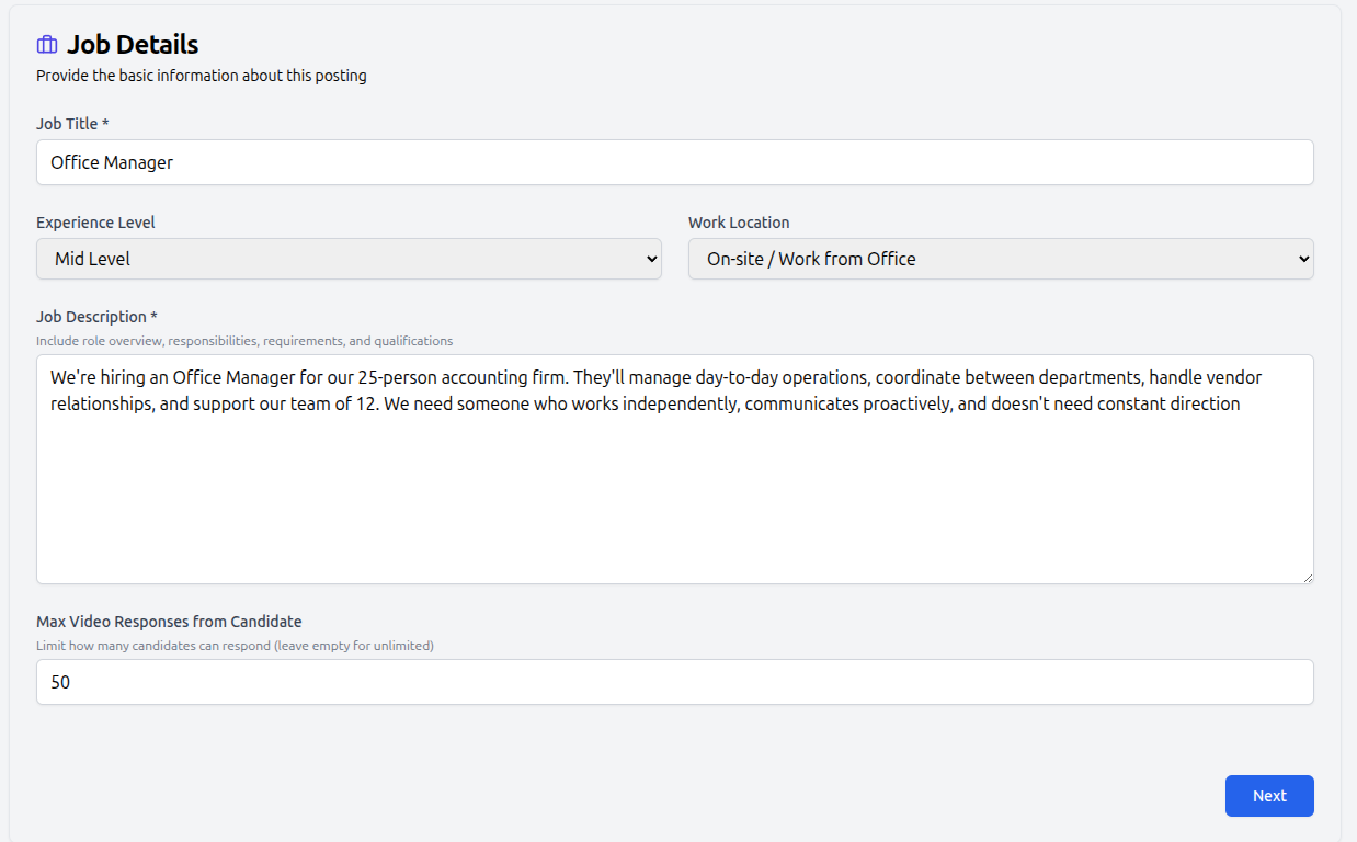 TeamSyncAI calibration questions screen showing probing questions with sample answer options for an Office Manager role