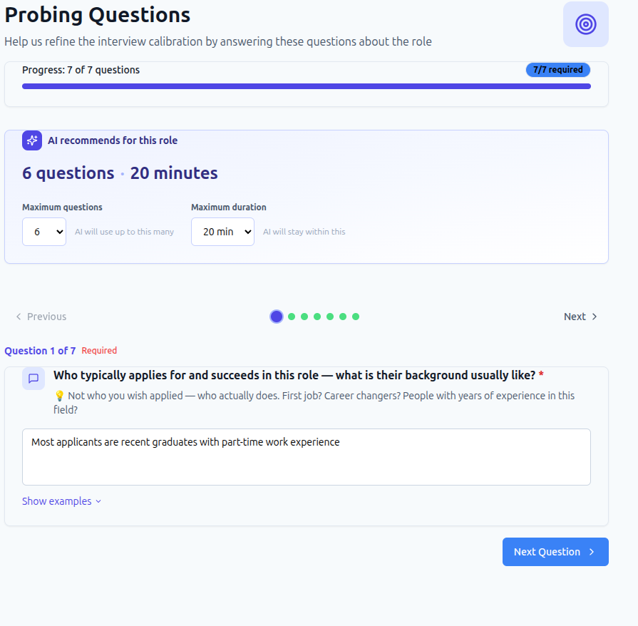 TeamSyncAI probing questions screen showing AI follow-up calibration questions after role details are entered