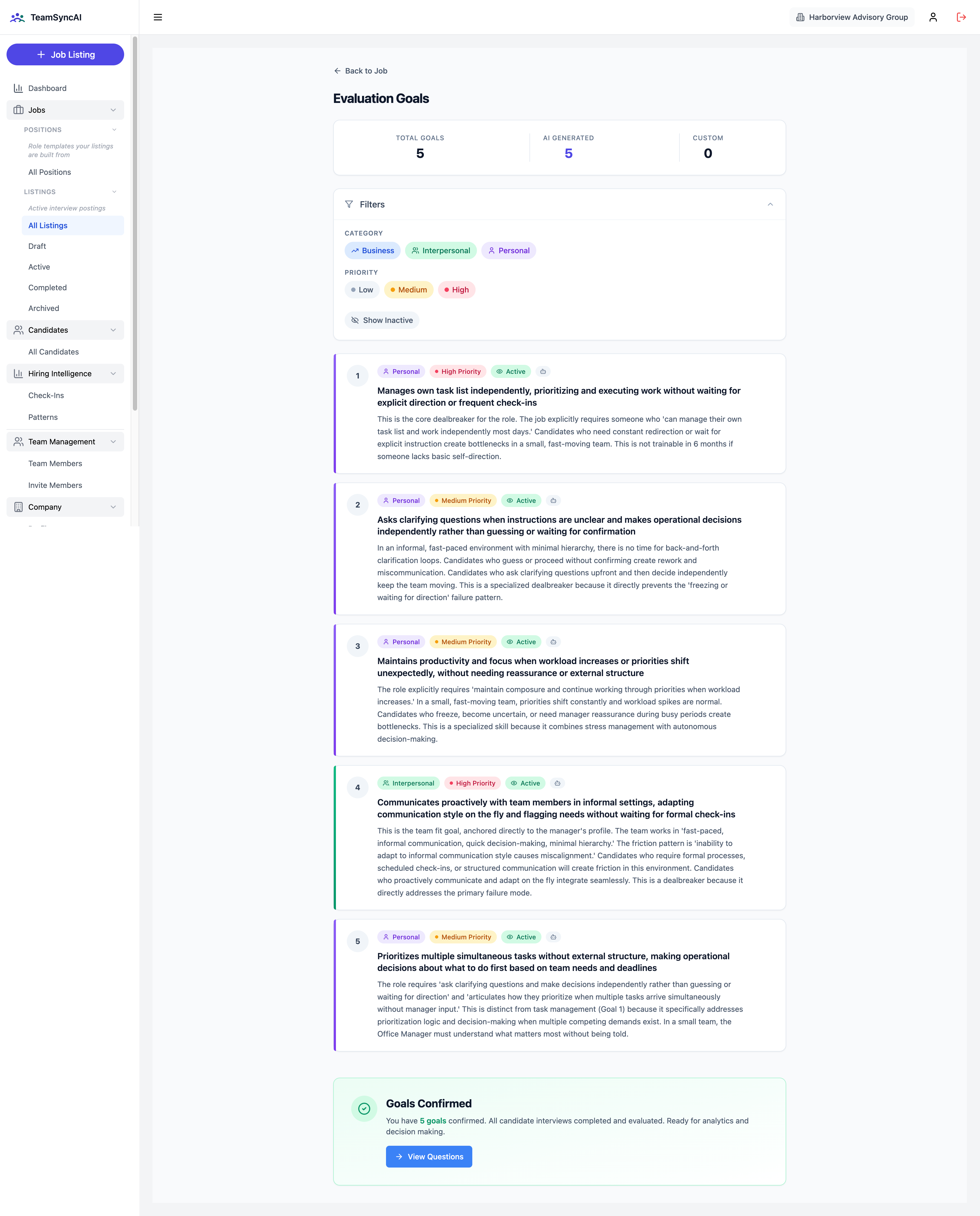 TeamSyncAI AI-generated evaluation goals screen showing weighted hiring criteria specific to the role