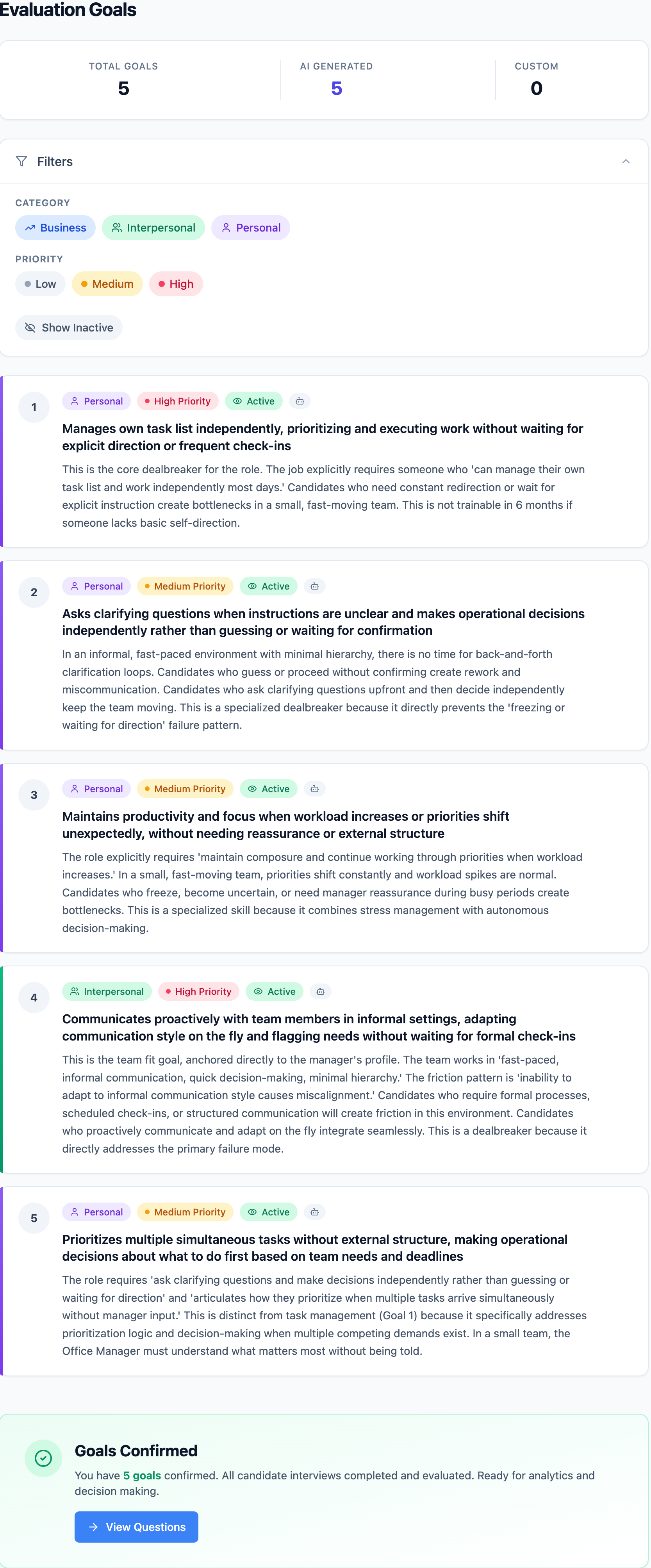 HiringBlueprint evaluation goals screen showing weighted hiring criteria