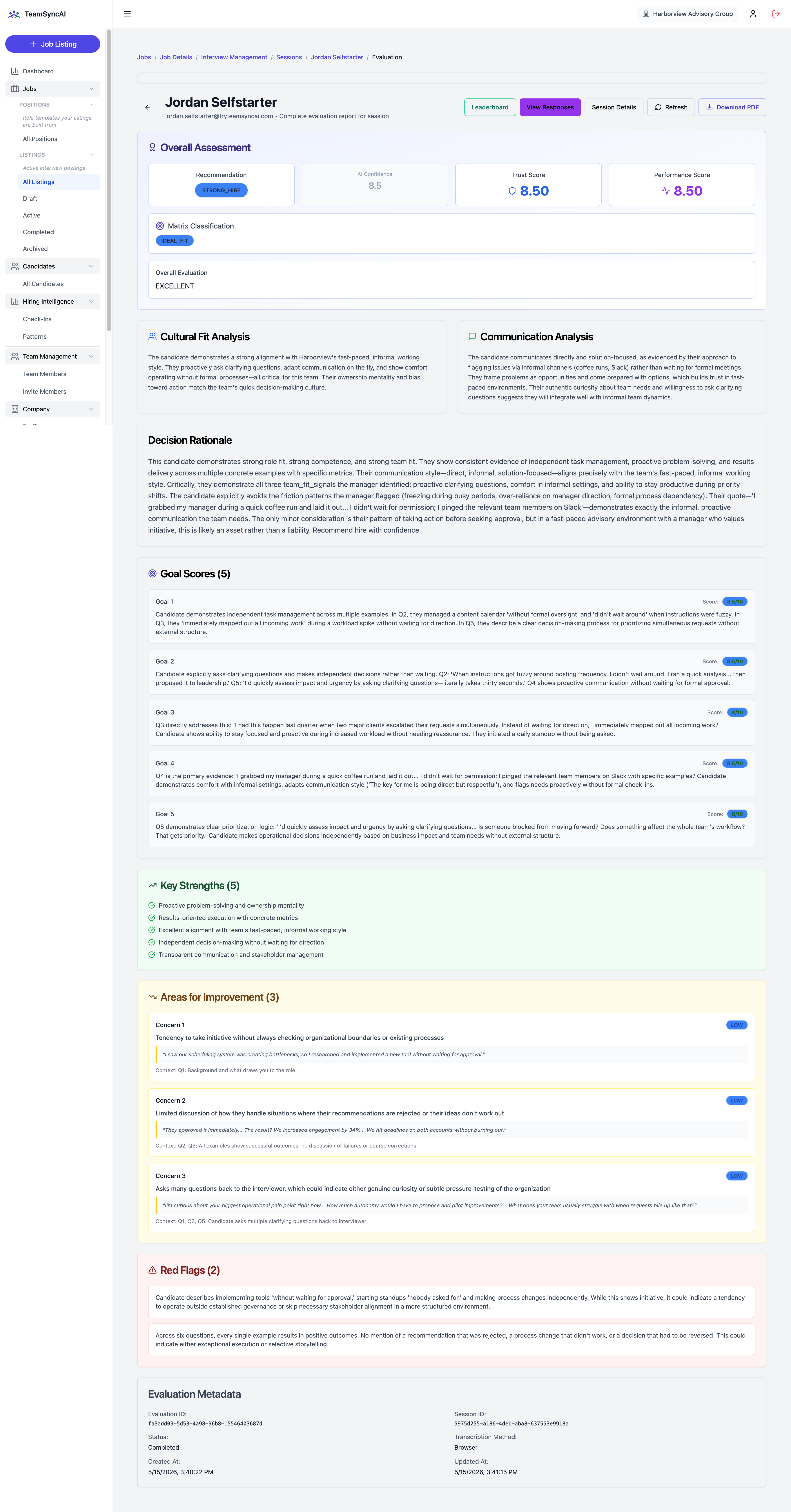 TeamSyncAI candidate evaluation showing STRONG HIRE recommendation with trust score 8.5 and performance score 8.5