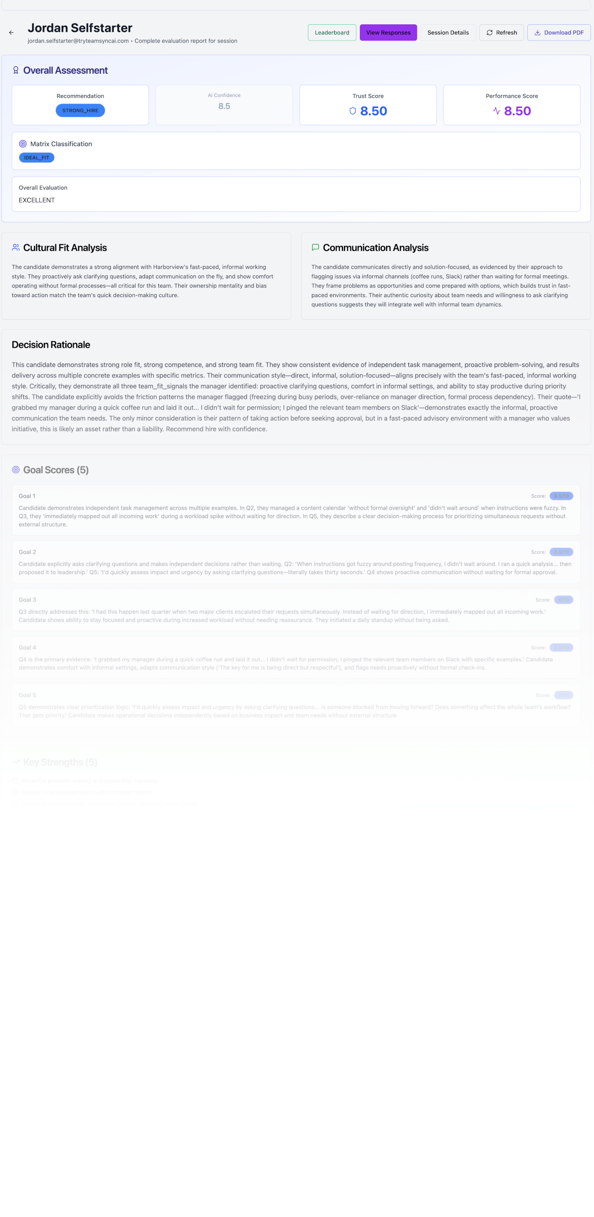 Strong hire candidate evaluation — trust 8.5, performance 8.5