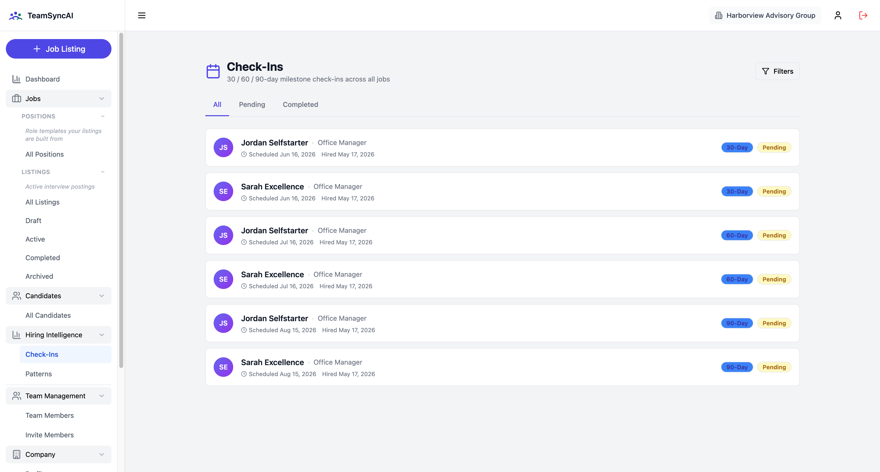 TeamSyncAI Hiring Intelligence screen showing automated 30/60/90-day check-in schedule for hired candidates